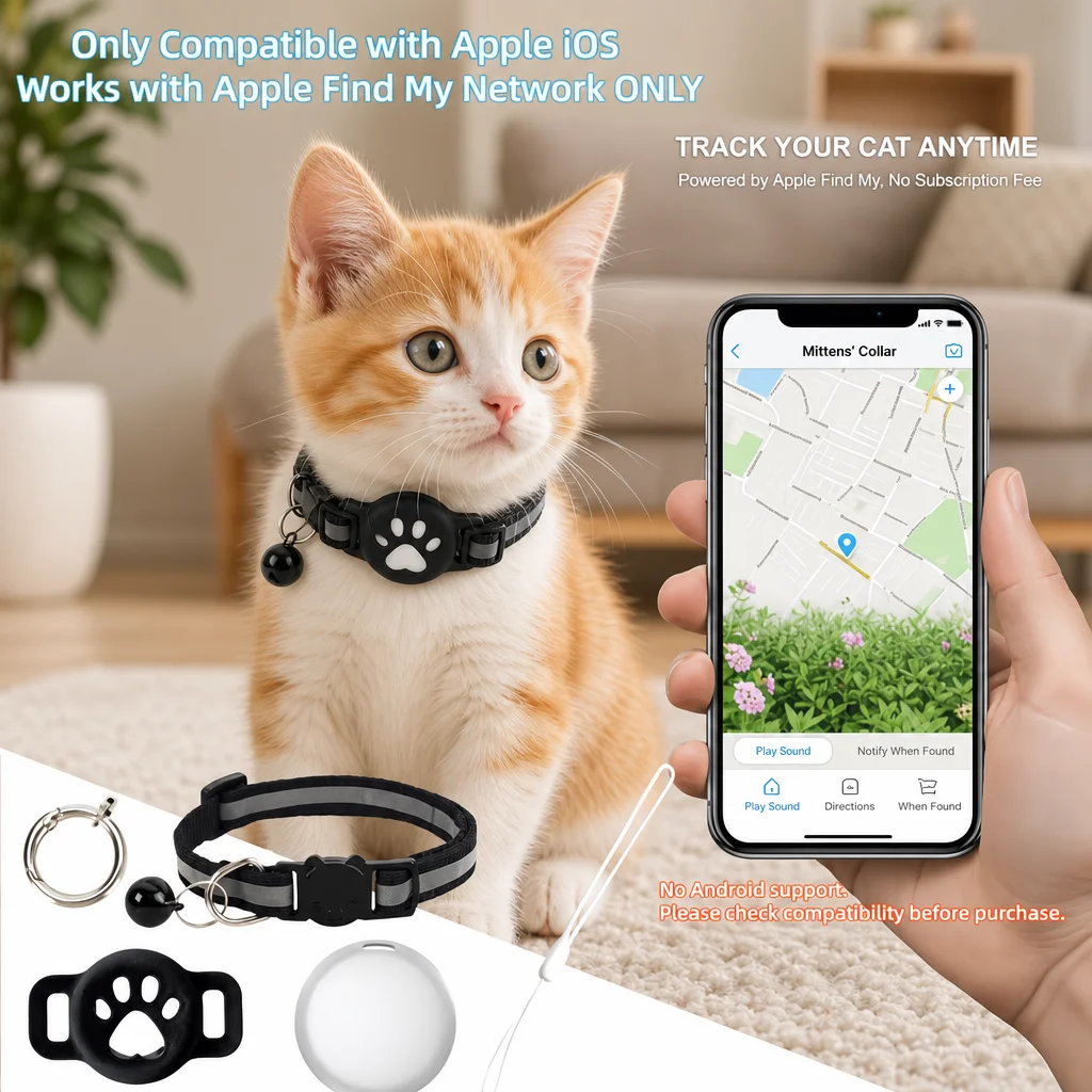 Collier GPS intelligent iOS et collier réfléchissant premium pour chat – Ensemble sécurisé et réglable anti-perte avec
