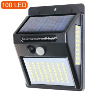 Lampe solaire murale à 3 faces avec capteur de mouvement PIR, 100 LED, contrôle par la lumière du soleil, pour cour,