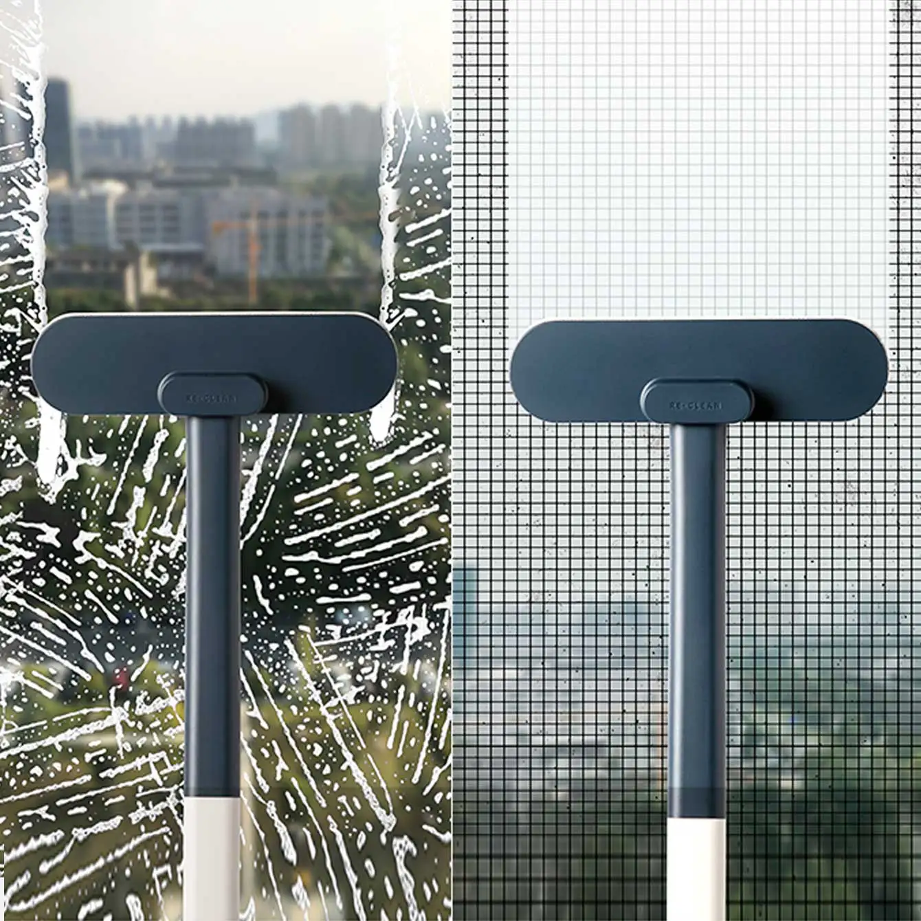 1 brosse multifonctionnelle à long manche pour fenêtres, brosse de nettoyage à double usage, humide et sèche, brosse