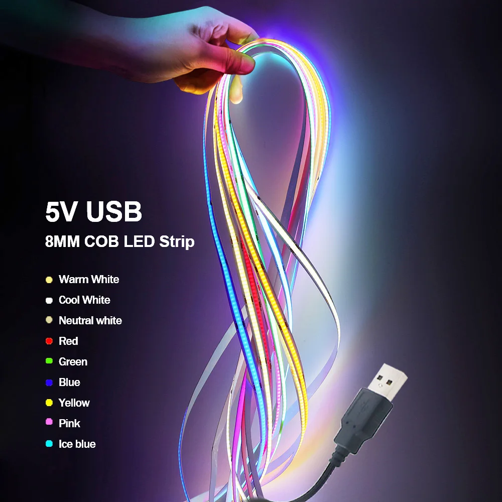 Bande lumineuse Led COB USB DC 5V, blanc/rouge/vert/rose/bleu glacé/jaune, 320 Led, ruban Flexible, lampe de nuit,