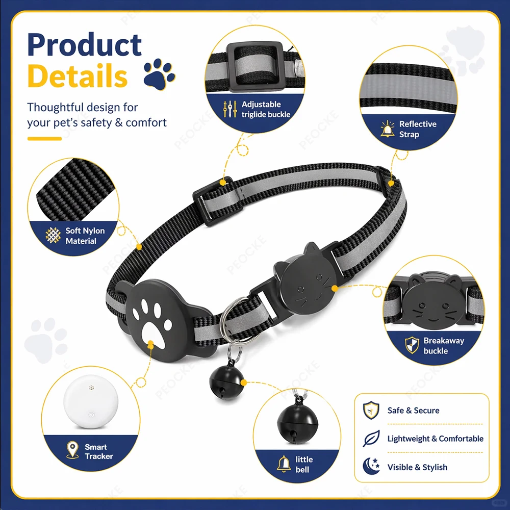 Collier GPS intelligent pour chat, anti-perte, étanche, avec boucle de sécurité réglable et réfléchissant, compatible