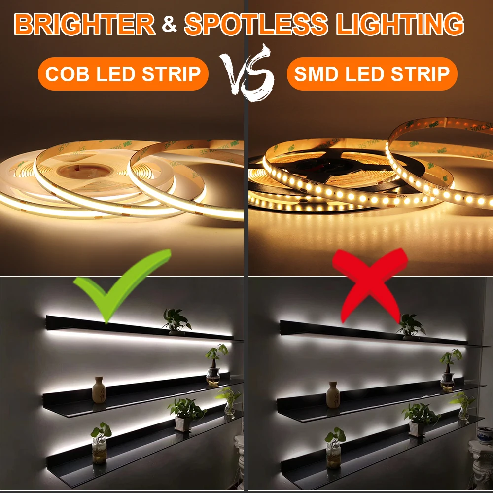 Bande Lumineuse LED COB Flexible, Dimmable, Décoration de Salle, Ruban, 5m, 10m, 12V, 24V, 2700K, 3000K, 4000K, 6000K,