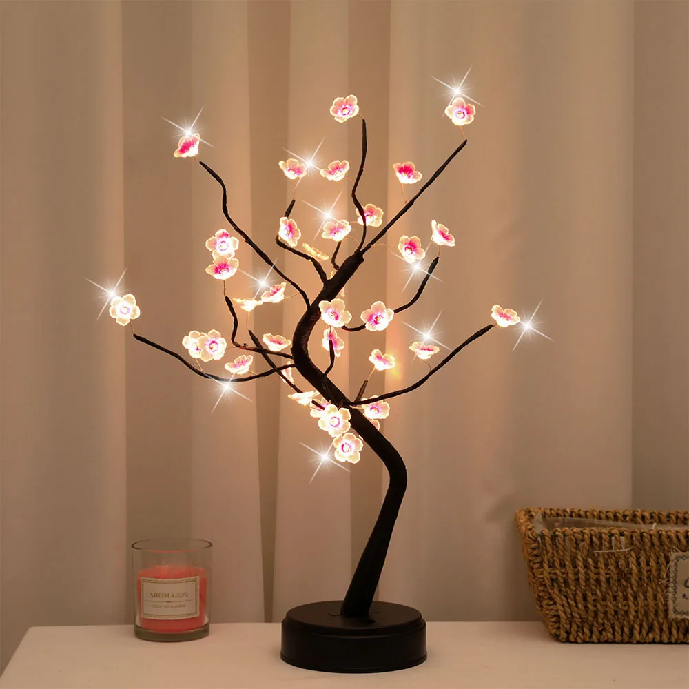 Table arbre veilleuse USB/alimenté par batterie interrupteur tactile bonsaï artificiel fleur de cerisier arbre de