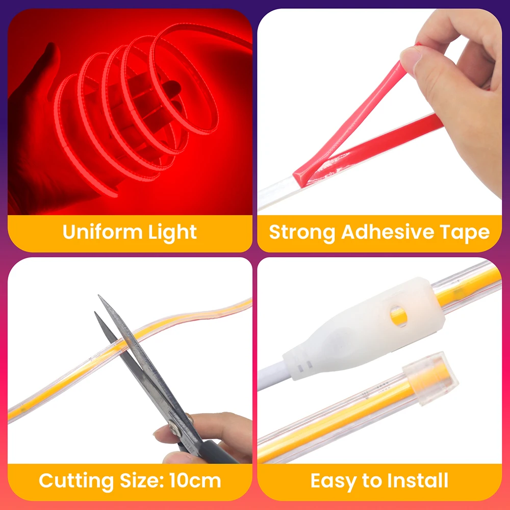Bande lumineuse LED COB 220V, étanche, lumineuse, 240LED/M, rouge, blanc, jaune, rose, bleu glace, blanc chaud, ruban