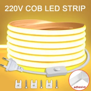Bande LED COB étanche 220V avec interrupteur marche/arrêt, ruban Flexible pour chambre à coucher, cuisine, éclairage