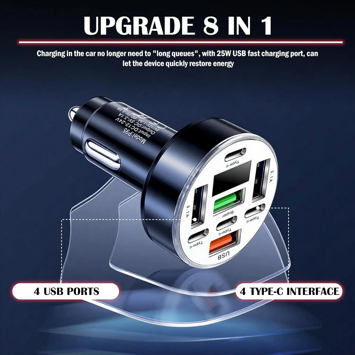 Adaptateur de chargeur de voiture USB C multi-ports UYUXIO 8 en 1 avec affichage de la tension, charge rapide QC 4.0