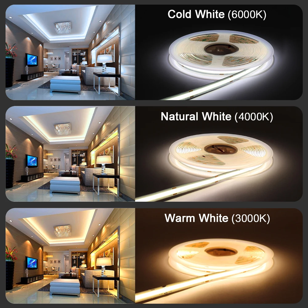 Bande Lumineuse LED COB Flexible, Dimmable, Décoration de Salle, Ruban, 5m, 10m, 12V, 24V, 2700K, 3000K, 4000K, 6000K,