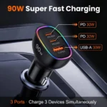 Chargeur de voiture USB C 90W double PD 30W, adaptateur de charge rapide multi-ports 12/24V, PC ignifuge pour iPad Pro,