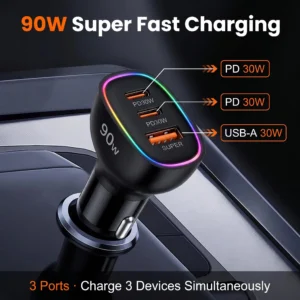 Chargeur de voiture USB C 90W double PD 30W, adaptateur de charge rapide multi-ports 12/24V, PC ignifuge pour iPad Pro,