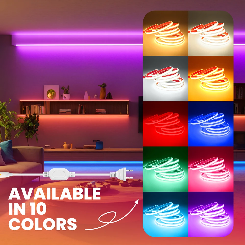 Bande lumineuse LED COB 220V, étanche, lumineuse, 240LED/M, rouge, blanc, jaune, rose, bleu glace, blanc chaud, ruban