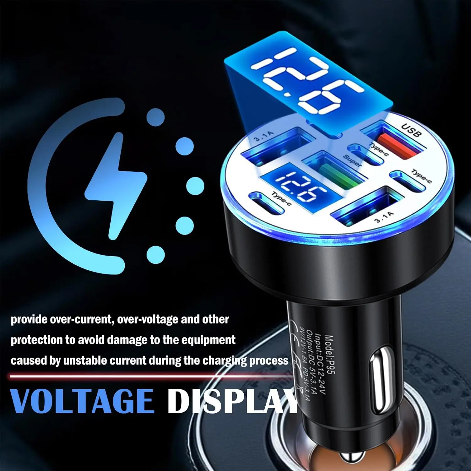 Adaptateur de chargeur de voiture USB C multi-ports UYUXIO 8 en 1 avec affichage de la tension, charge rapide QC 4.0