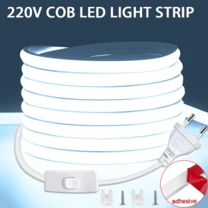 Bande LED COB 220V interrupteur marche/arrêt avec prise ue 220V bande lumineuse LED bande de lampe Flexible pour