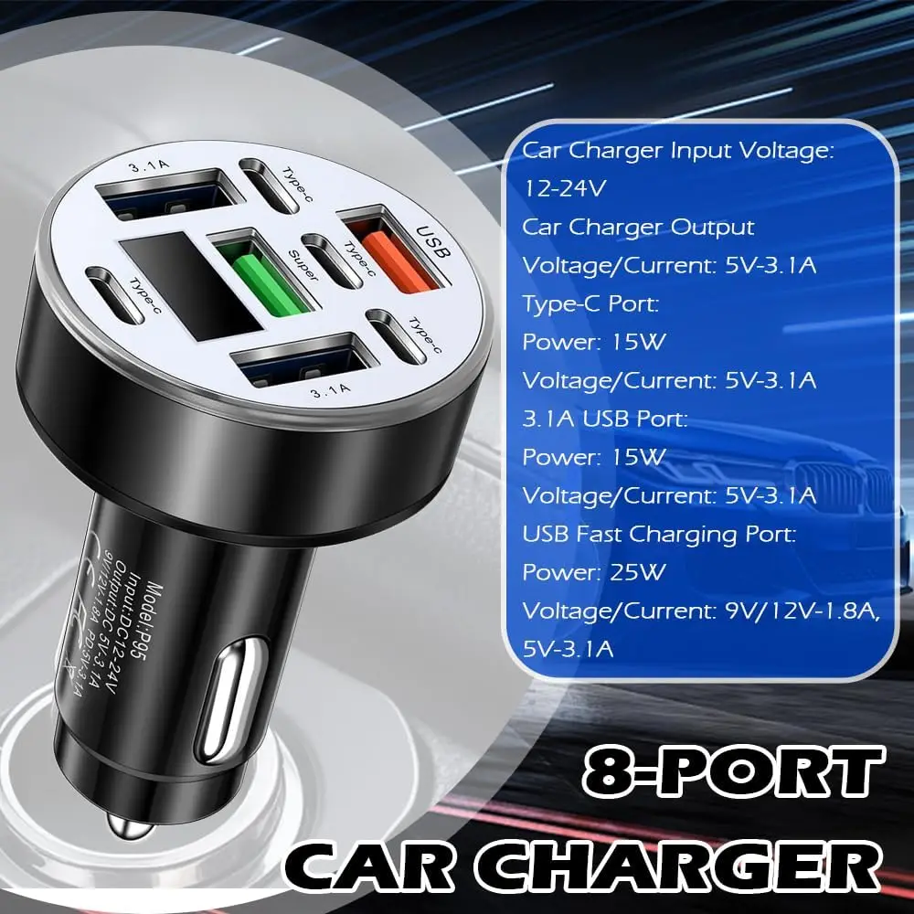 Adaptateur de chargeur de voiture USB C multi-ports UYUXIO 8 en 1 avec affichage de la tension, charge rapide QC 4.0