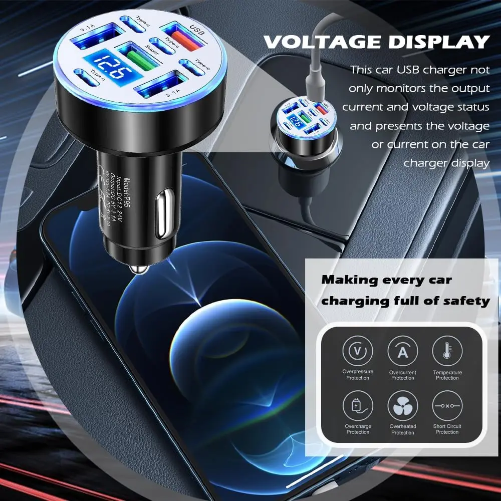 Adaptateur de chargeur de voiture USB C multi-ports UYUXIO 8 en 1 avec affichage de la tension, charge rapide QC 4.0