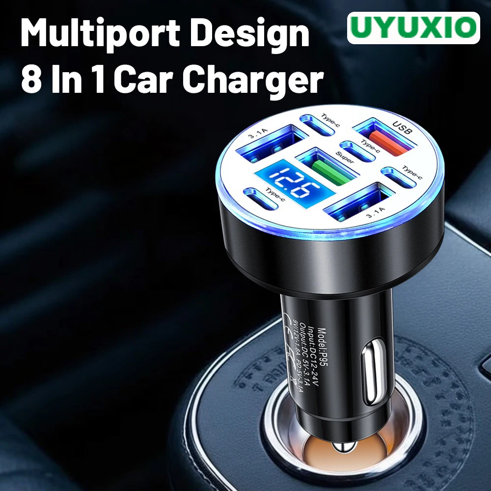 Adaptateur de chargeur de voiture USB C multi-ports UYUXIO 8 en 1 avec affichage de la tension, charge rapide QC 4.0