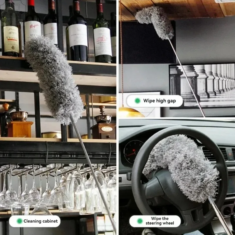 Passe-Poussière Électrostatique Microfibre Brosse Telescopique Flexible Acier Inoxydable Maison Voiture Fenêtre Plafond
