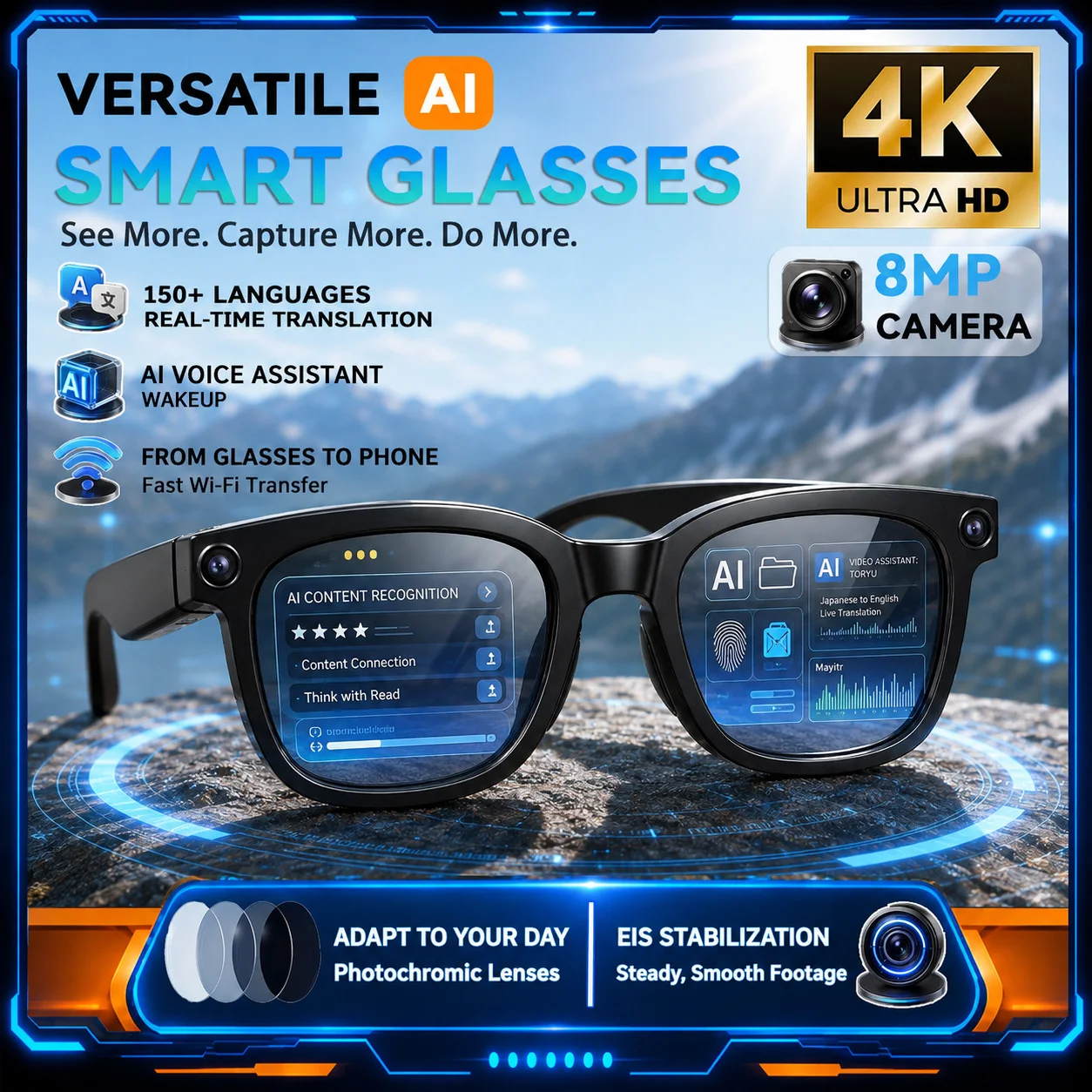 Lunettes intelligentes IA avec caméra 800MP, enregistrement vidéo, reconnaissance photo IA, lunettes de soleil avec