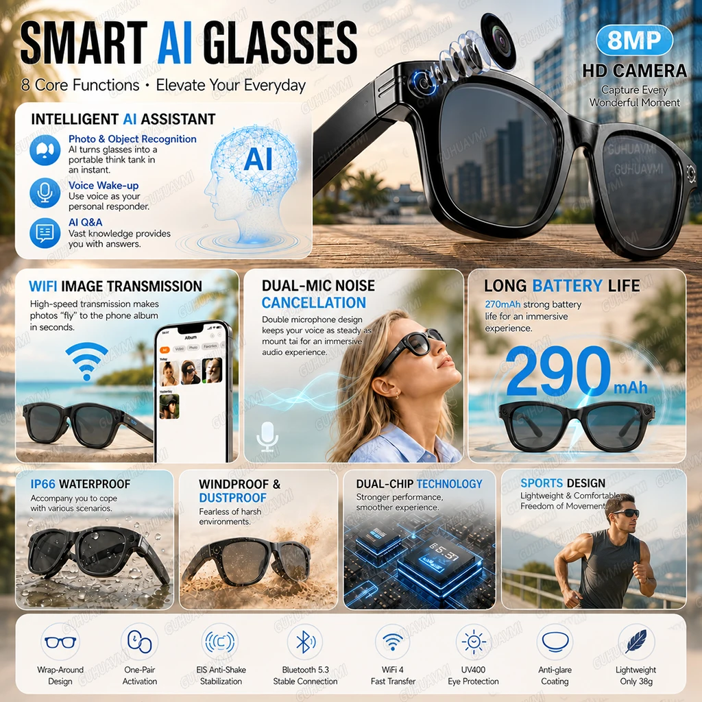 Lunettes intelligentes IA avec caméra 800MP, enregistrement vidéo, reconnaissance photo IA, lunettes de soleil avec