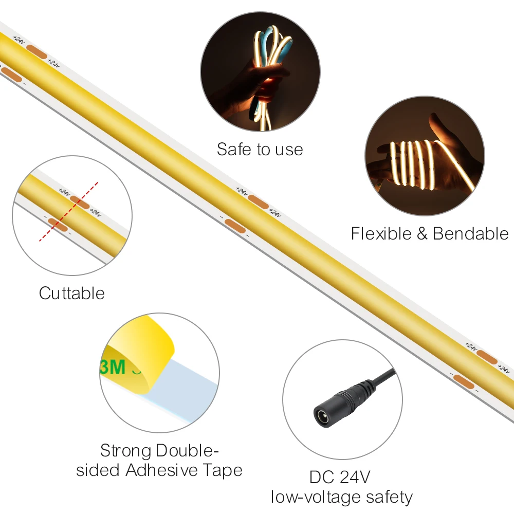 Bande Lumineuse LED COB Flexible, Dimmable, Décoration de Salle, Ruban, 5m, 10m, 12V, 24V, 2700K, 3000K, 4000K, 6000K,