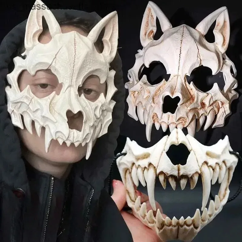 Masque de crâne d'halloween, dents longues, squelette de démon, demi-visage, masque de fête Cosplay, horreur