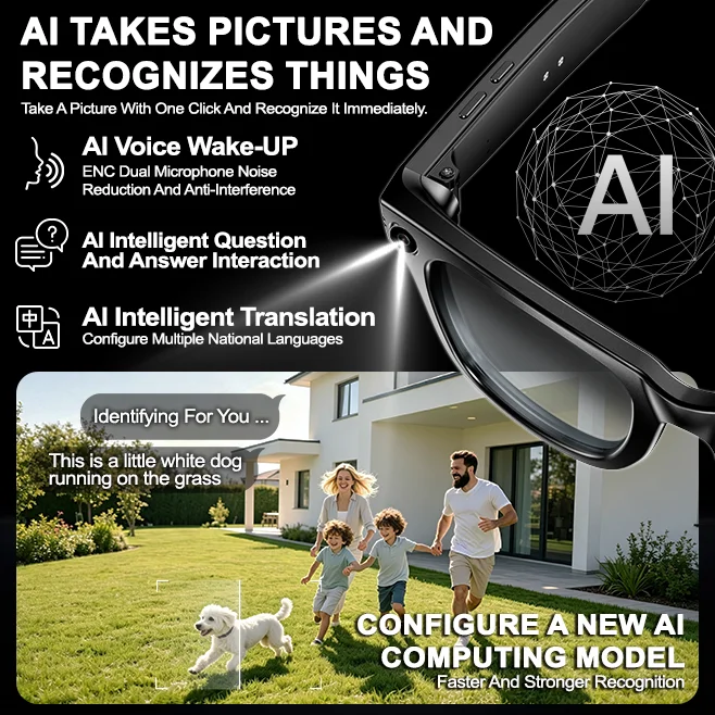 Lunettes intelligentes AI TOP1 2026, caméra 8MP, vidéo POV 4K, traduction de plus de 130 langues, appels Bluetooth,