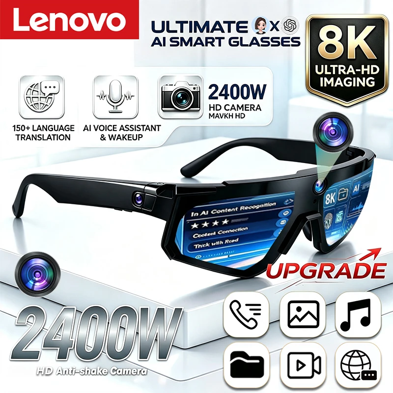 Lunettes Intelligentes IA Lenovo ChatGPT avec Caméra 8K 2400W, Anti-tremblement, pour Cyclisme, Vidéo & Photo, Lunettes