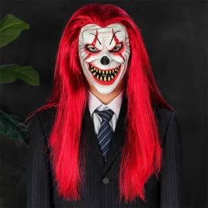 Masque de clown aux cheveux roux peint à la main, qualité collectionneur - Accessoire de farce d'Halloween en latex