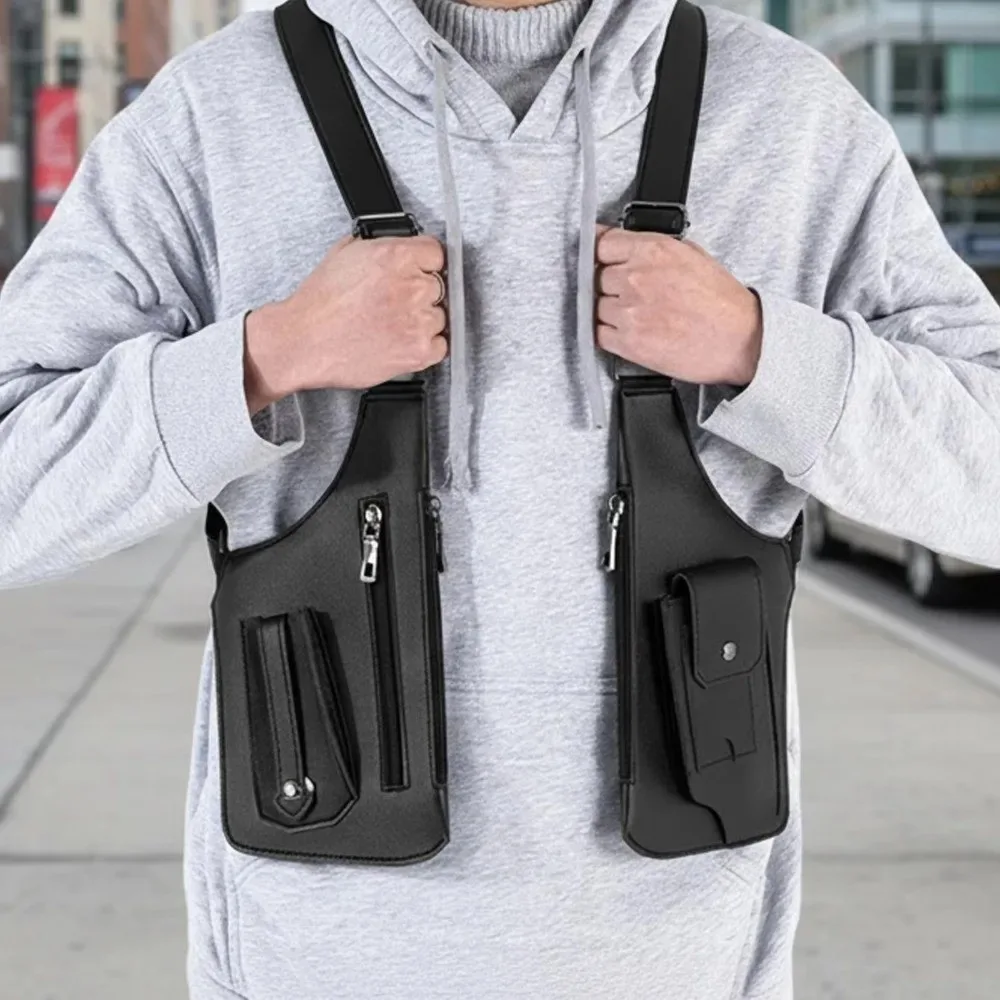 Sac tactique double épaule et bandoulière antivol dissimulé, sac de poitrine réglable multi-poches pour homme