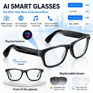 Lunettes intelligentes AI TOP1 2026, caméra 8MP, vidéo POV 4K, traduction de plus de 130 langues, appels Bluetooth,