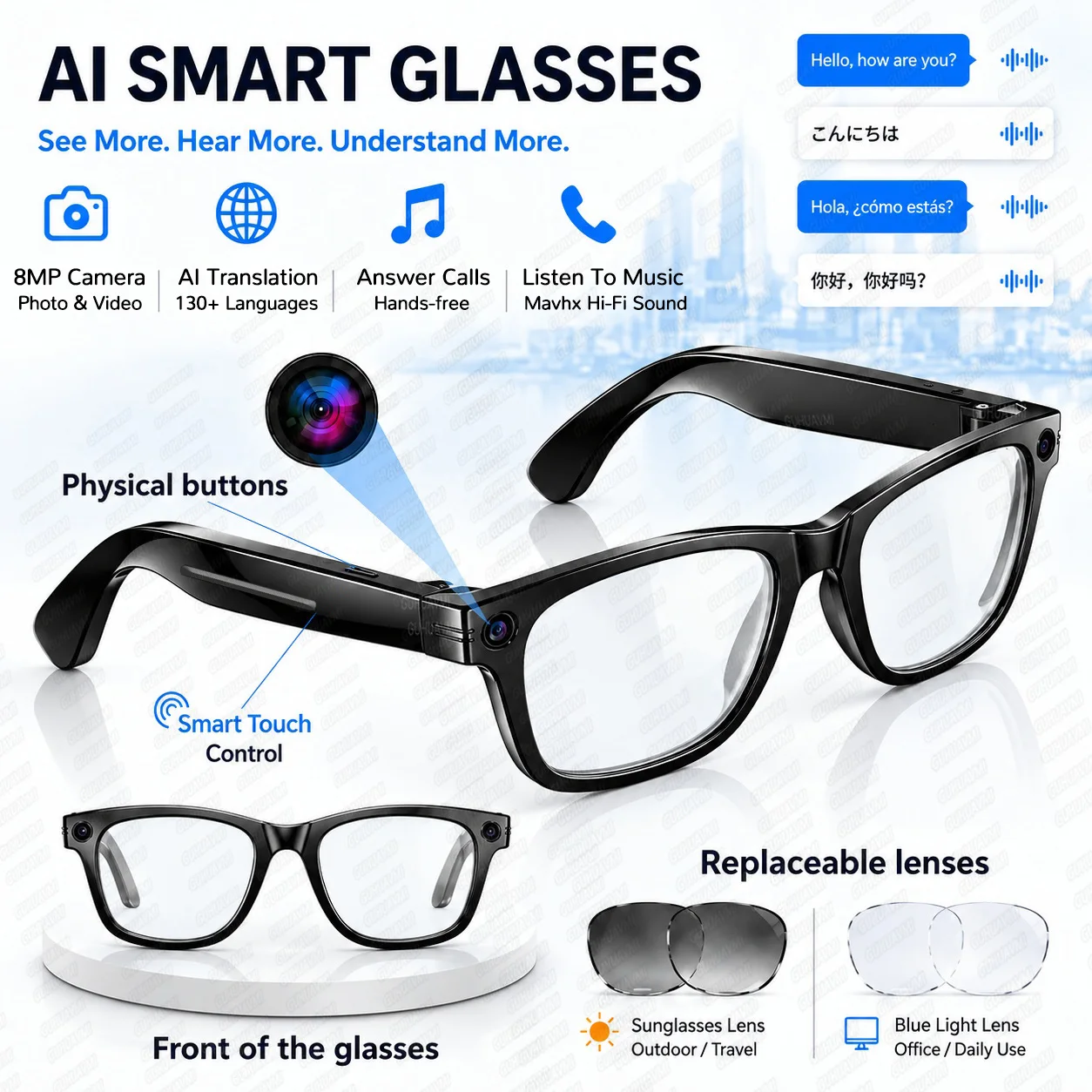 Lunettes intelligentes AI TOP1 2026, caméra 8MP, vidéo POV 4K, traduction de plus de 130 langues, appels Bluetooth,